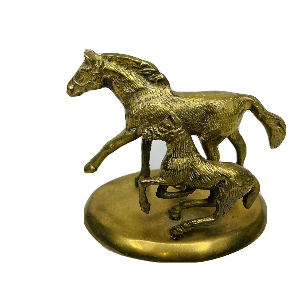 Vintage Brass Horse Mare with Colt Statue Stand Figure Home Decor